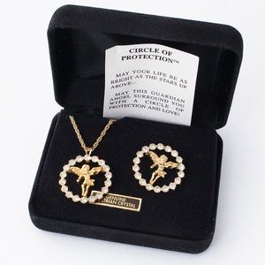 Vintage Guardian Angel Pendant Necklace & Pin Set Austrian Crystal Gold Plated